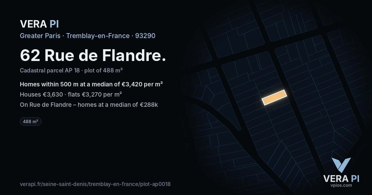 62 Rue de Flandre, Tremblay-en-France at night – the plot lit, the parcels around coloured by the prices near them