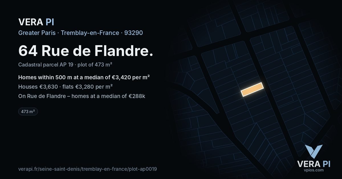 64 Rue de Flandre, Tremblay-en-France at night – the plot lit, the parcels around coloured by the prices near them