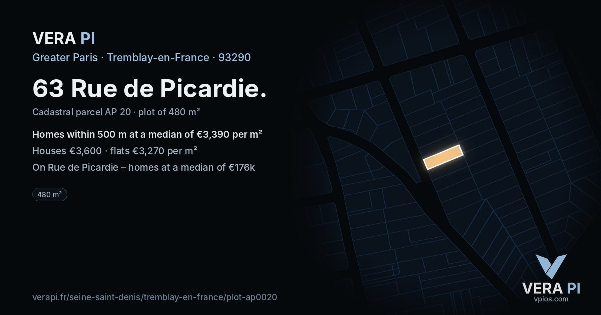 63 Rue de Picardie, Tremblay-en-France at night – the plot lit, the parcels around coloured by the prices near them