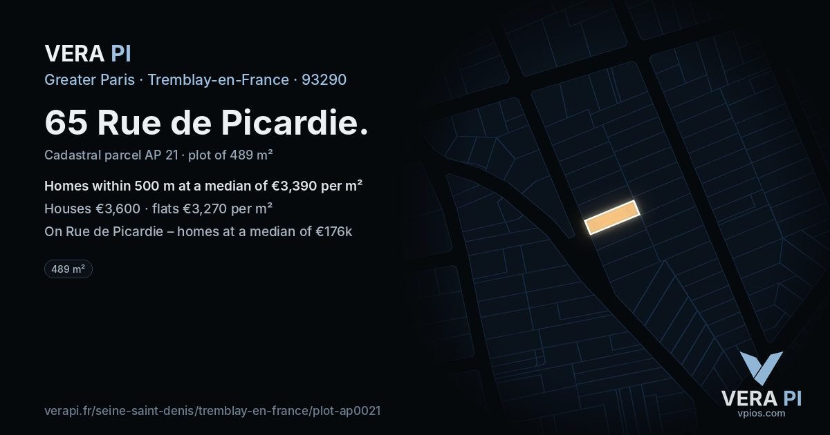 65 Rue de Picardie, Tremblay-en-France at night – the plot lit, the parcels around coloured by the prices near them