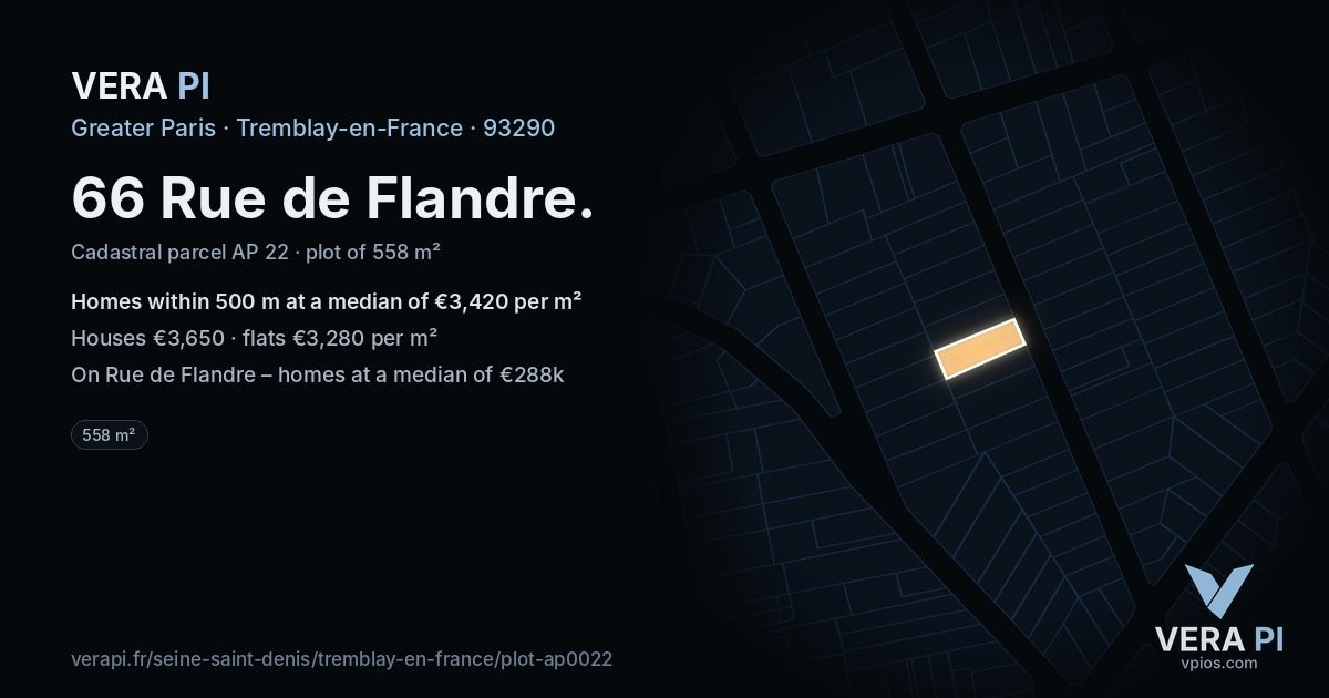 66 Rue de Flandre, Tremblay-en-France at night – the plot lit, the parcels around coloured by the prices near them