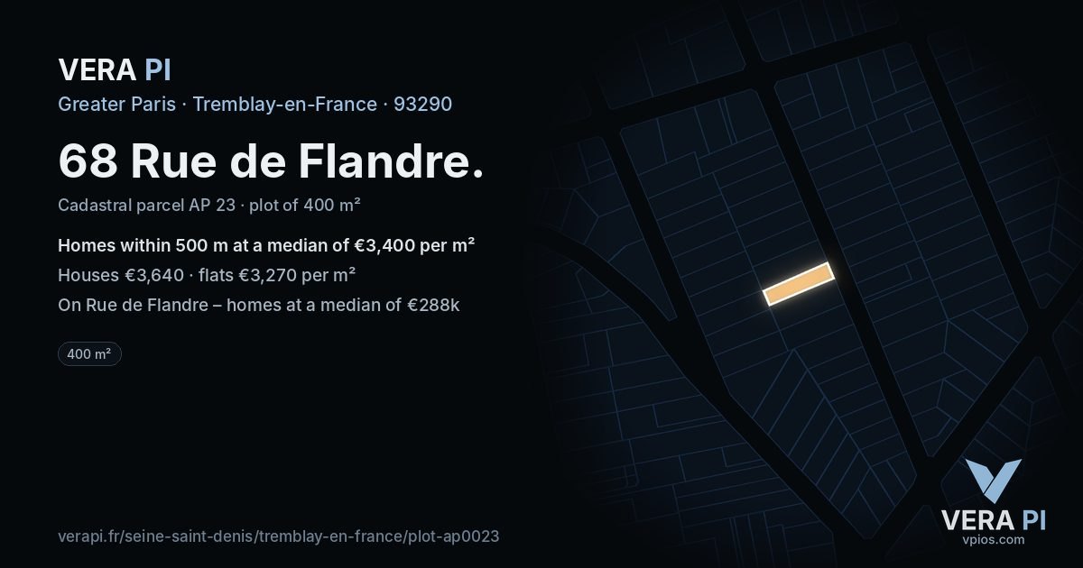 68 Rue de Flandre, Tremblay-en-France at night – the plot lit, the parcels around coloured by the prices near them