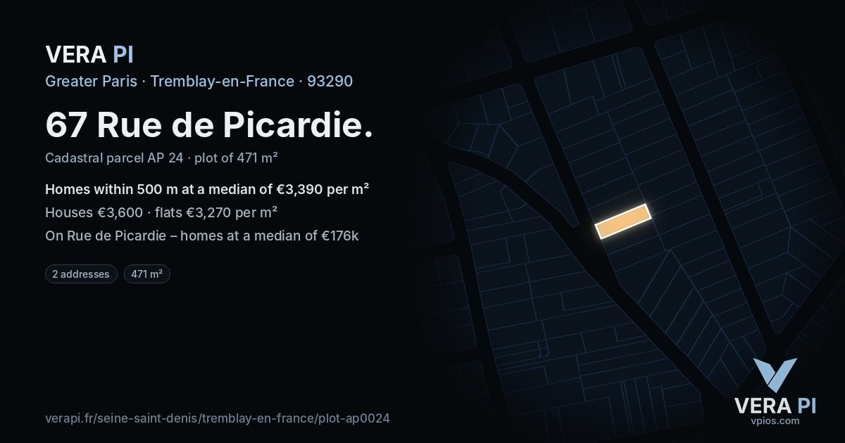 67 Rue de Picardie, Tremblay-en-France at night – the plot lit, the parcels around coloured by the prices near them