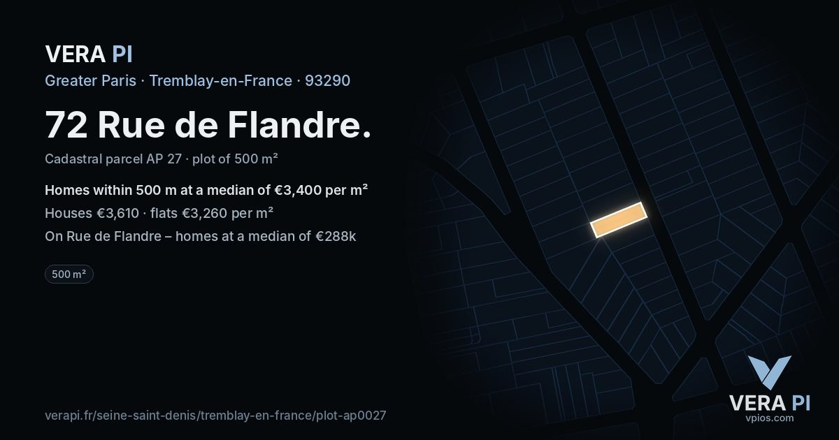 72 Rue de Flandre, Tremblay-en-France at night – the plot lit, the parcels around coloured by the prices near them