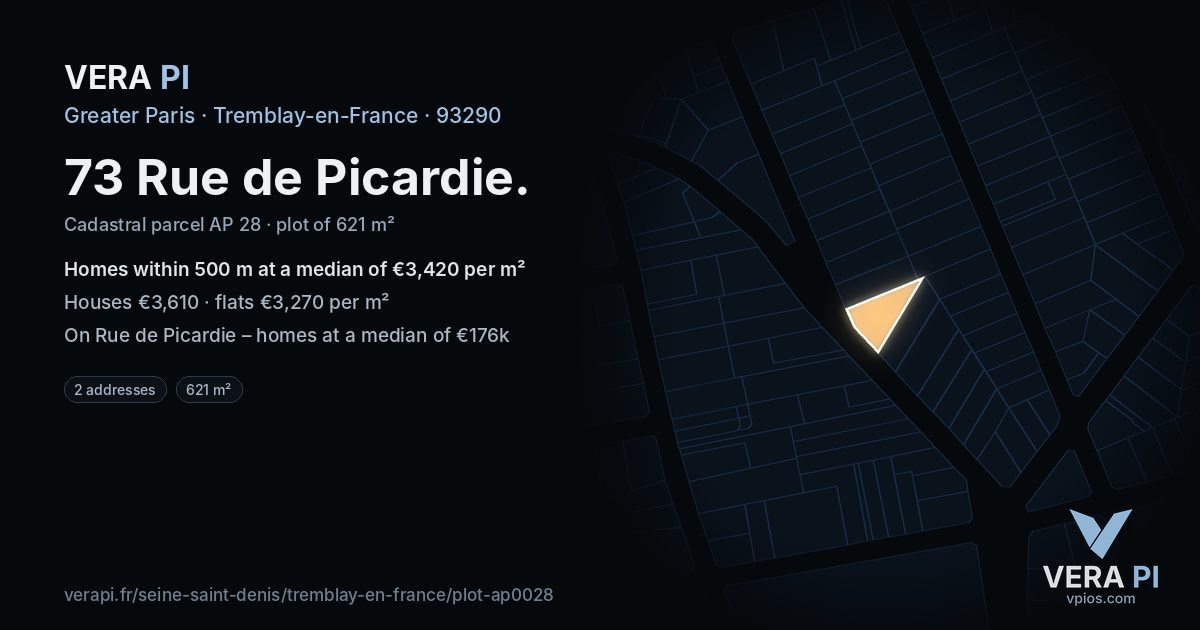 73 Rue de Picardie, Tremblay-en-France at night – the plot lit, the parcels around coloured by the prices near them