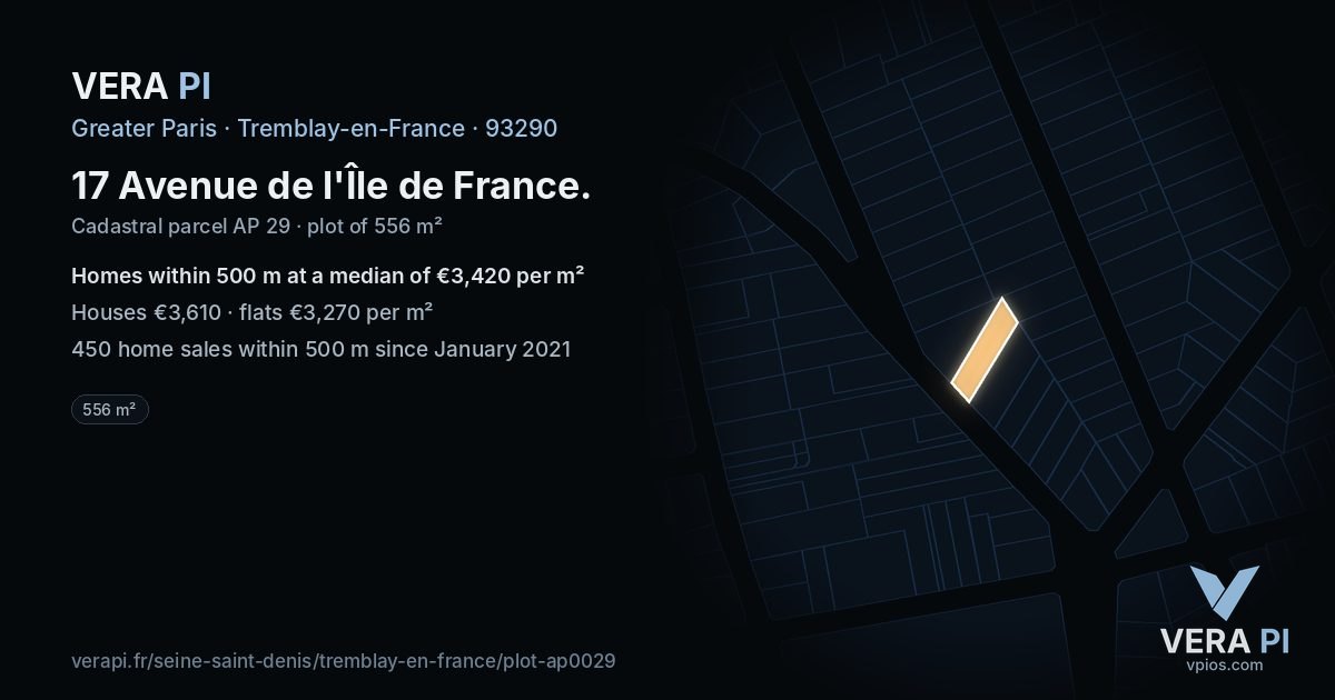 17 Avenue de l'Île de France, Tremblay-en-France at night – the plot lit, the parcels around coloured by the prices near them
