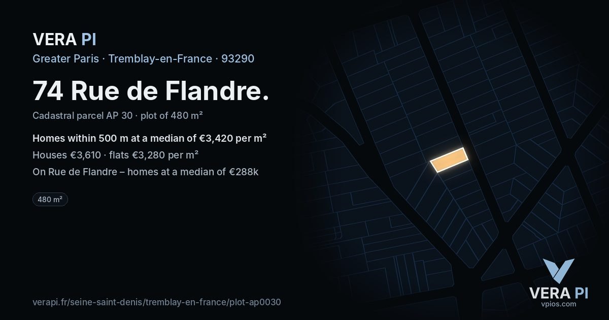 74 Rue de Flandre, Tremblay-en-France at night – the plot lit, the parcels around coloured by the prices near them