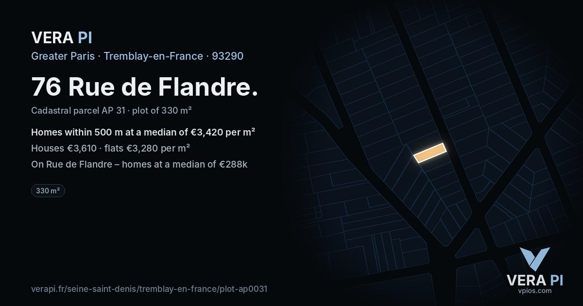 76 Rue de Flandre, Tremblay-en-France at night – the plot lit, the parcels around coloured by the prices near them