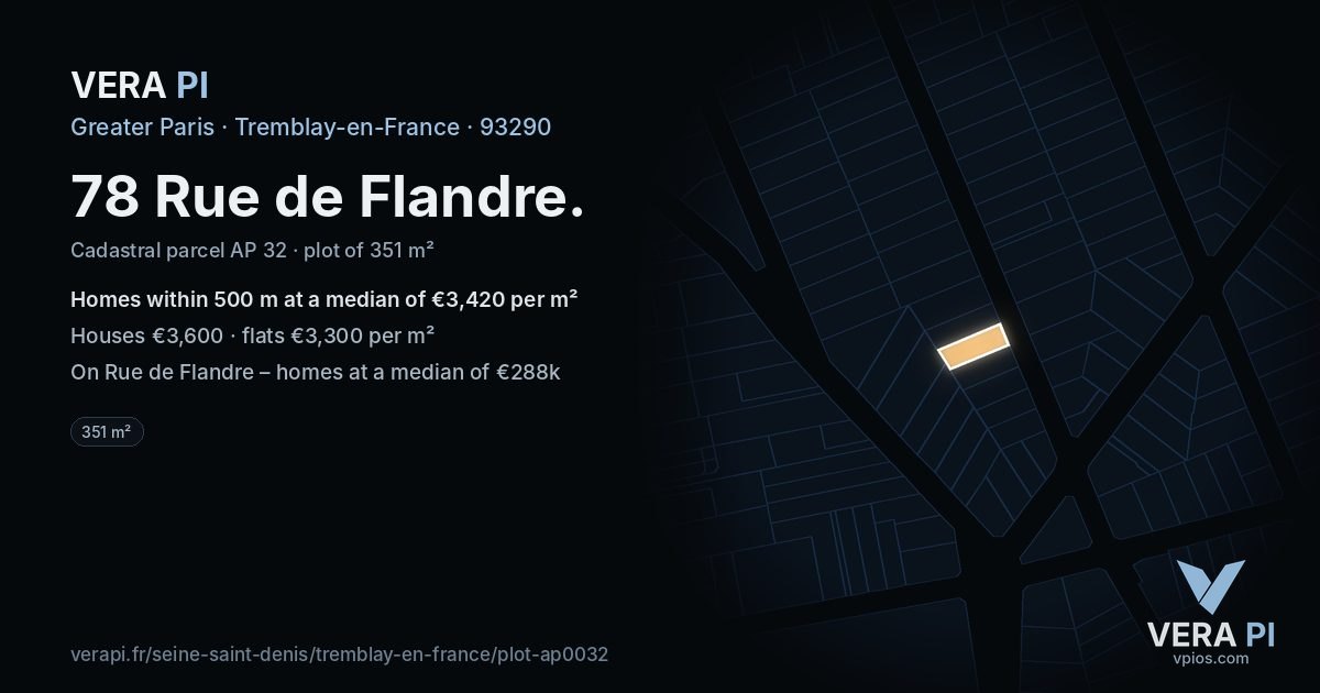 78 Rue de Flandre, Tremblay-en-France at night – the plot lit, the parcels around coloured by the prices near them