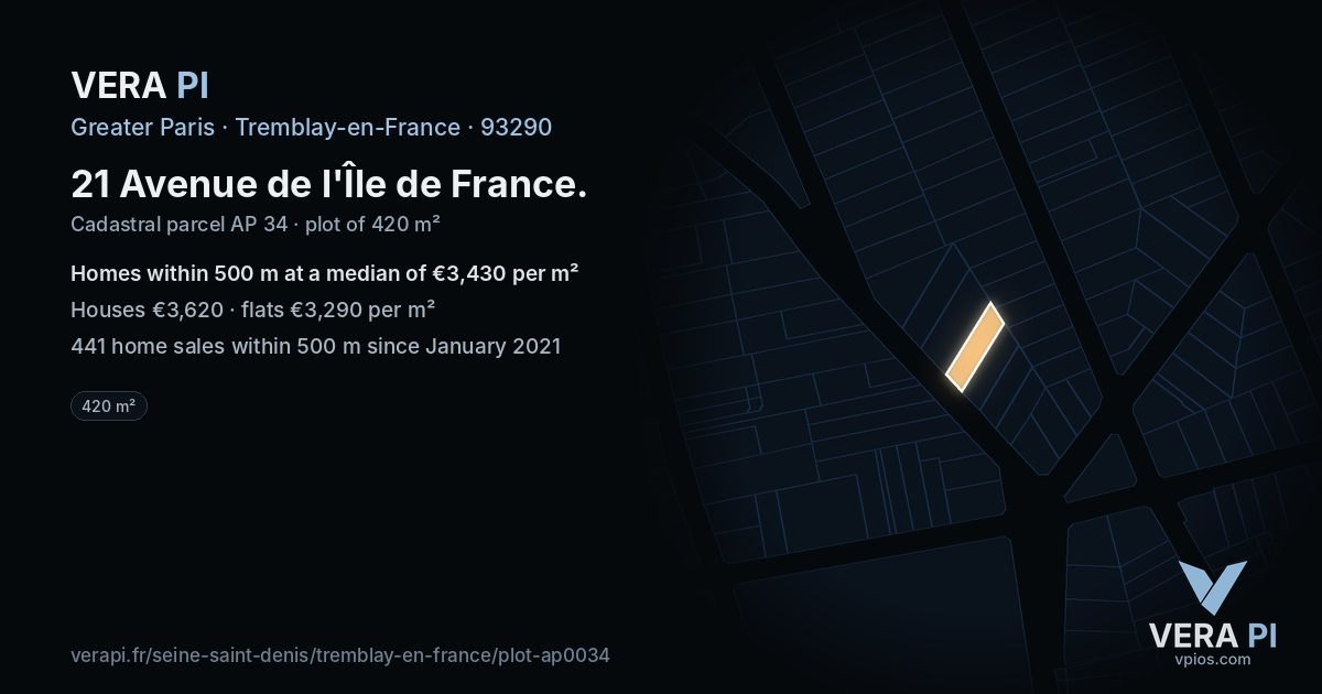 21 Avenue de l'Île de France, Tremblay-en-France at night – the plot lit, the parcels around coloured by the prices near them