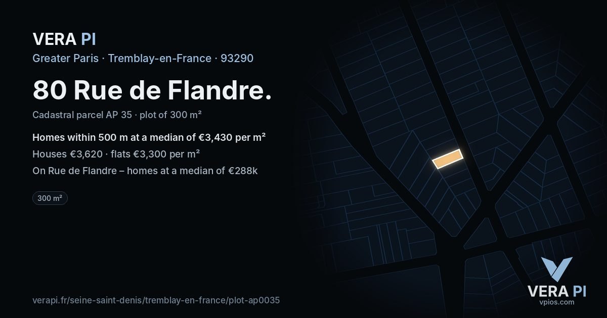80 Rue de Flandre, Tremblay-en-France at night – the plot lit, the parcels around coloured by the prices near them