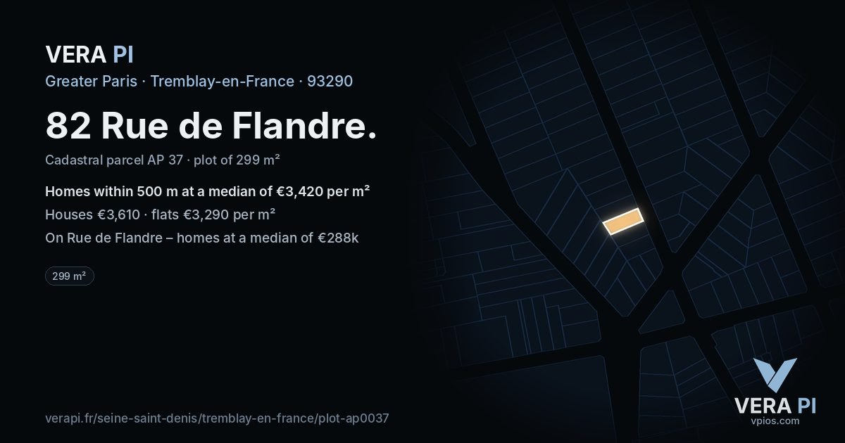 82 Rue de Flandre, Tremblay-en-France at night – the plot lit, the parcels around coloured by the prices near them