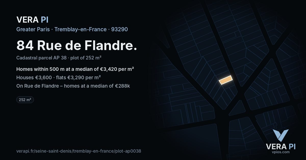84 Rue de Flandre, Tremblay-en-France at night – the plot lit, the parcels around coloured by the prices near them