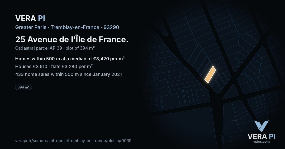 25 Avenue de l'Île de France, Tremblay-en-France at night – the plot lit, the parcels around coloured by the prices near them
