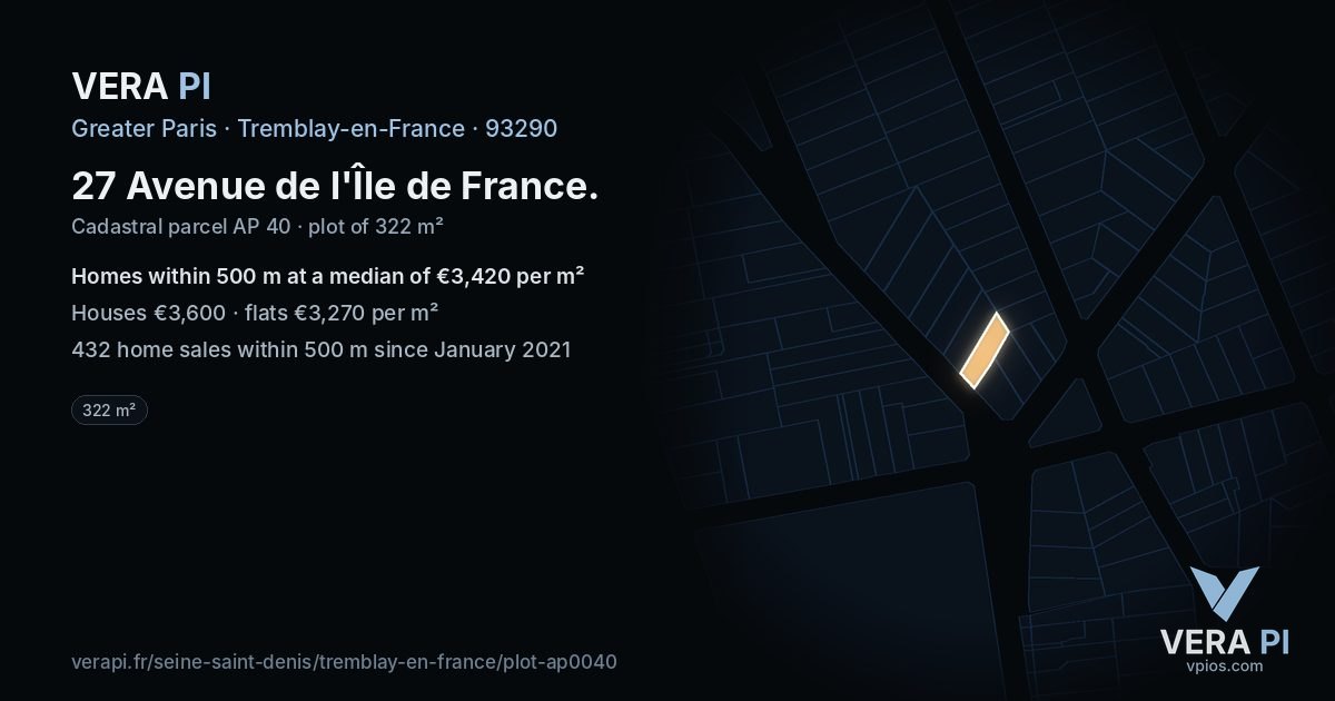 27 Avenue de l'Île de France, Tremblay-en-France at night – the plot lit, the parcels around coloured by the prices near them