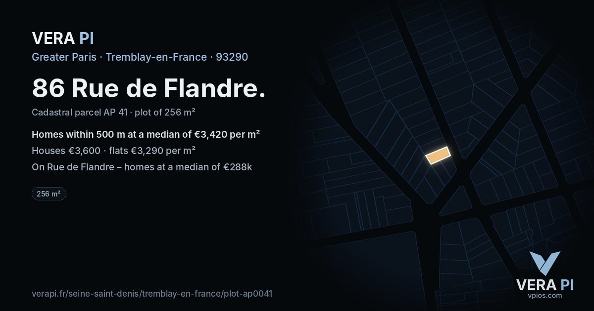 86 Rue de Flandre, Tremblay-en-France at night – the plot lit, the parcels around coloured by the prices near them