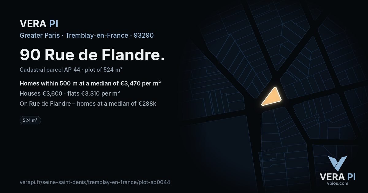 90 Rue de Flandre, Tremblay-en-France at night – the plot lit, the parcels around coloured by the prices near them