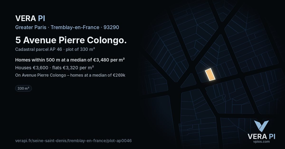 5 Avenue Pierre Colongo, Tremblay-en-France at night – the plot lit, the parcels around coloured by the prices near them