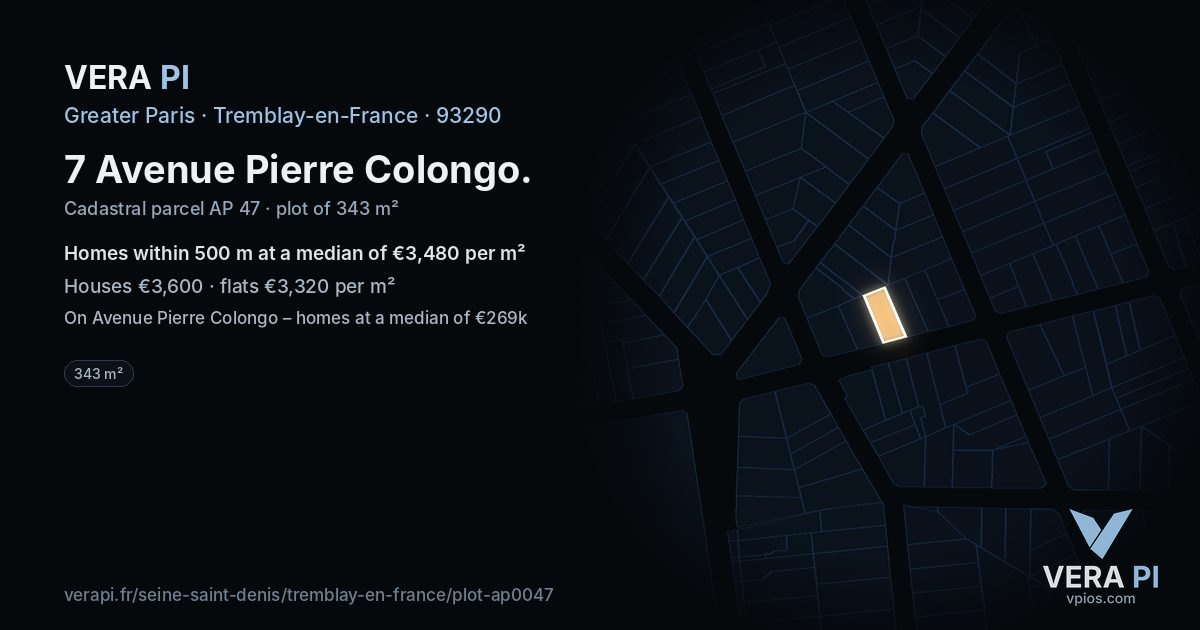 7 Avenue Pierre Colongo, Tremblay-en-France at night – the plot lit, the parcels around coloured by the prices near them