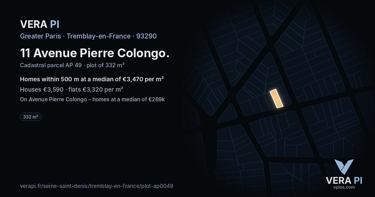11 Avenue Pierre Colongo, Tremblay-en-France at night – the plot lit, the parcels around coloured by the prices near them