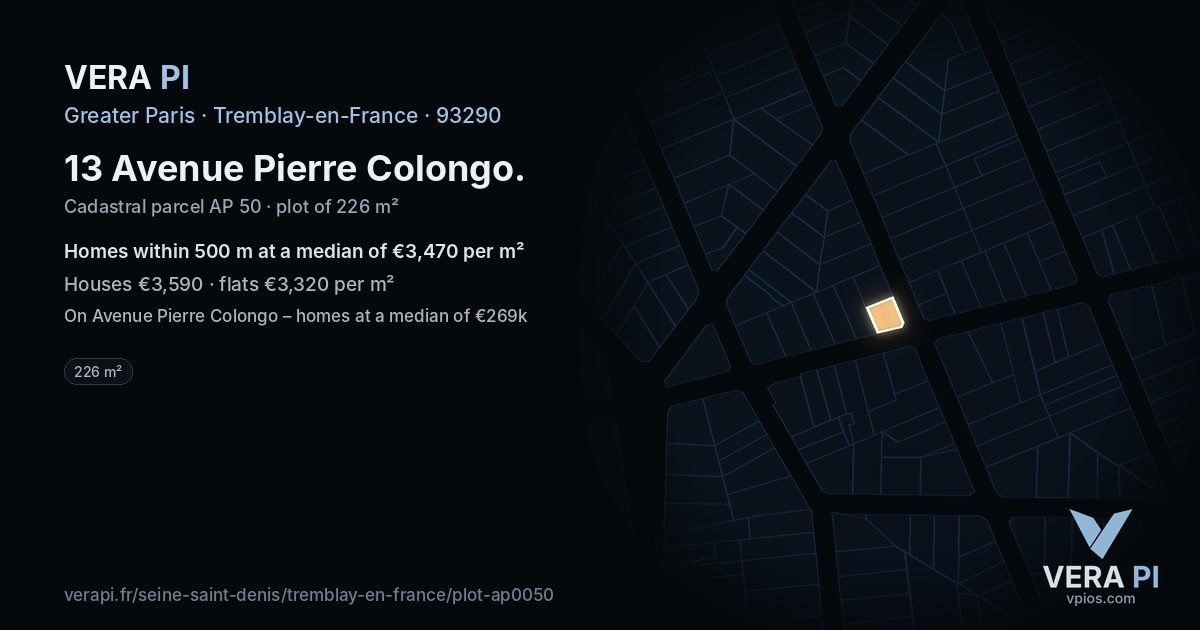 13 Avenue Pierre Colongo, Tremblay-en-France at night – the plot lit, the parcels around coloured by the prices near them