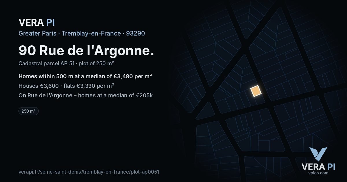 90 Rue de l'Argonne, Tremblay-en-France at night – the plot lit, the parcels around coloured by the prices near them
