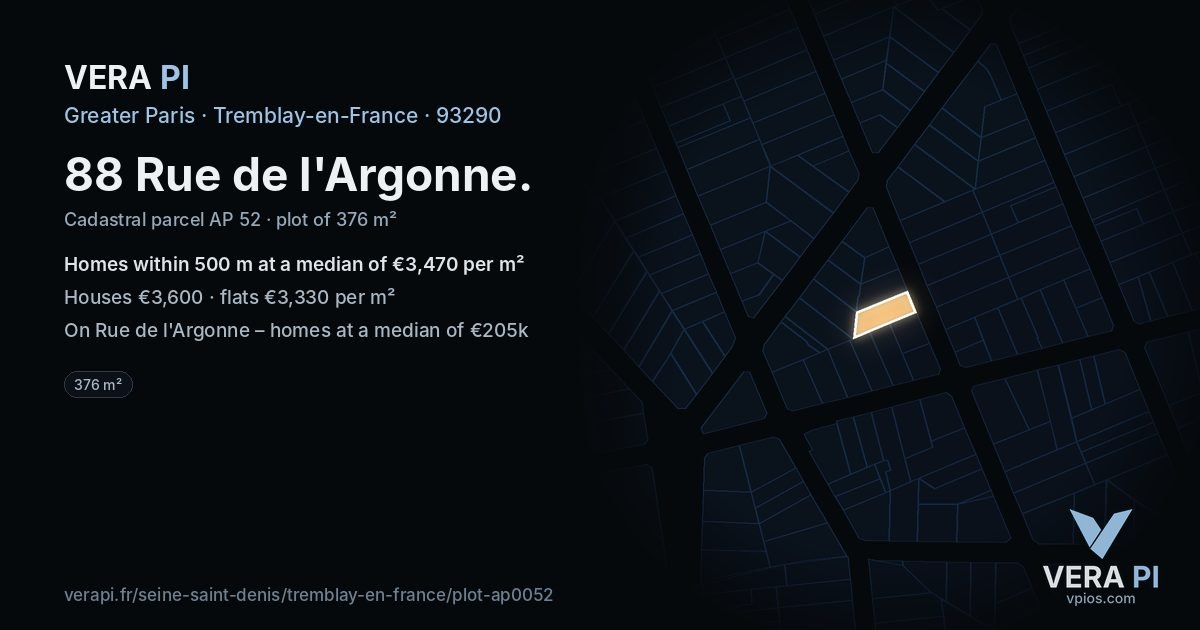 88 Rue de l'Argonne, Tremblay-en-France at night – the plot lit, the parcels around coloured by the prices near them