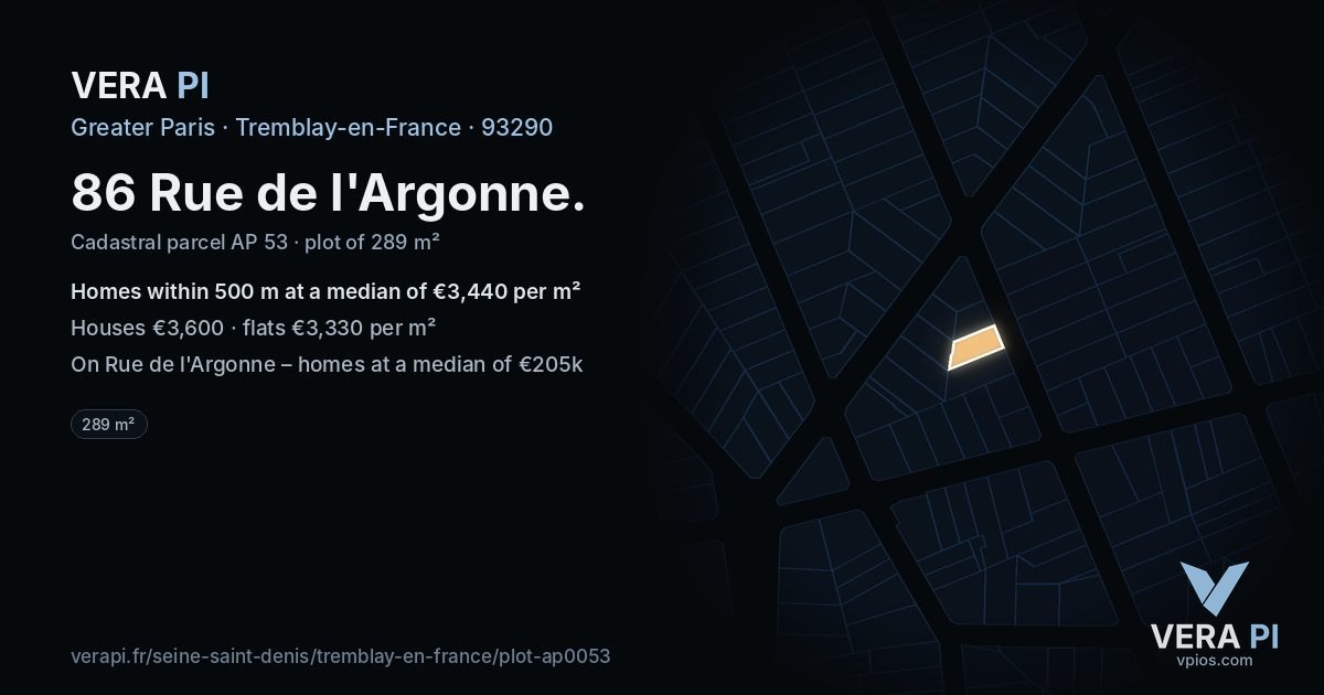 86 Rue de l'Argonne, Tremblay-en-France at night – the plot lit, the parcels around coloured by the prices near them