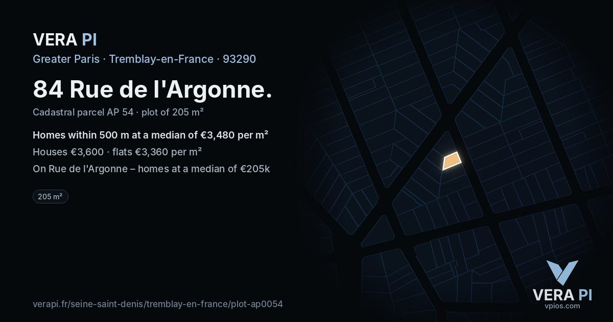 84 Rue de l'Argonne, Tremblay-en-France at night – the plot lit, the parcels around coloured by the prices near them