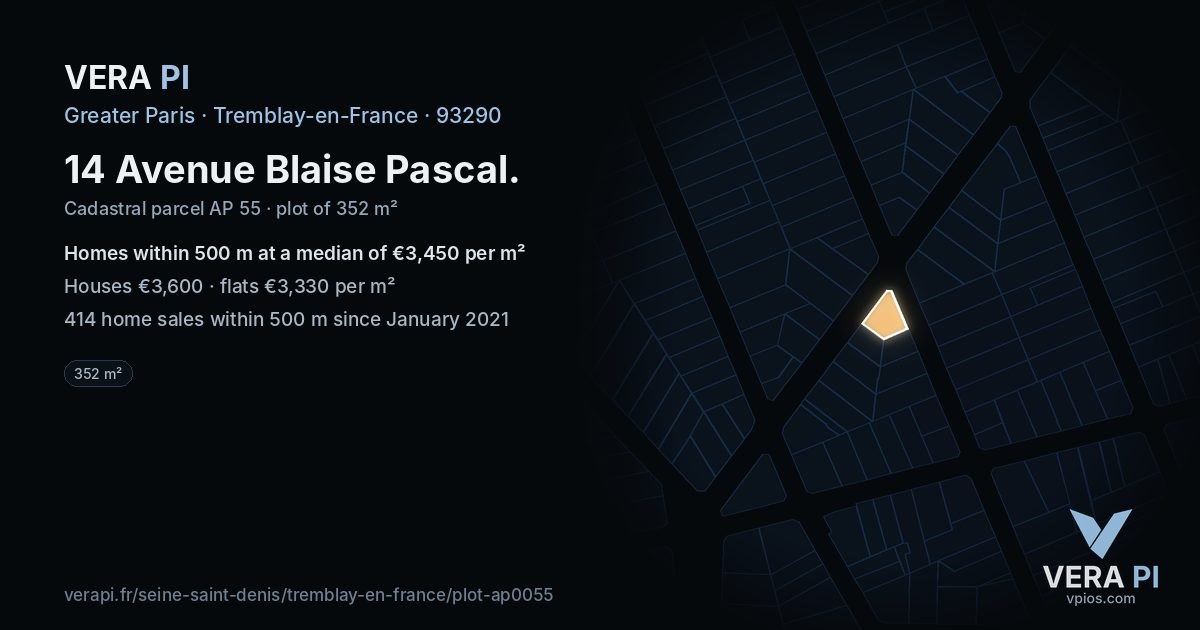 14 Avenue Blaise Pascal, Tremblay-en-France at night – the plot lit, the parcels around coloured by the prices near them