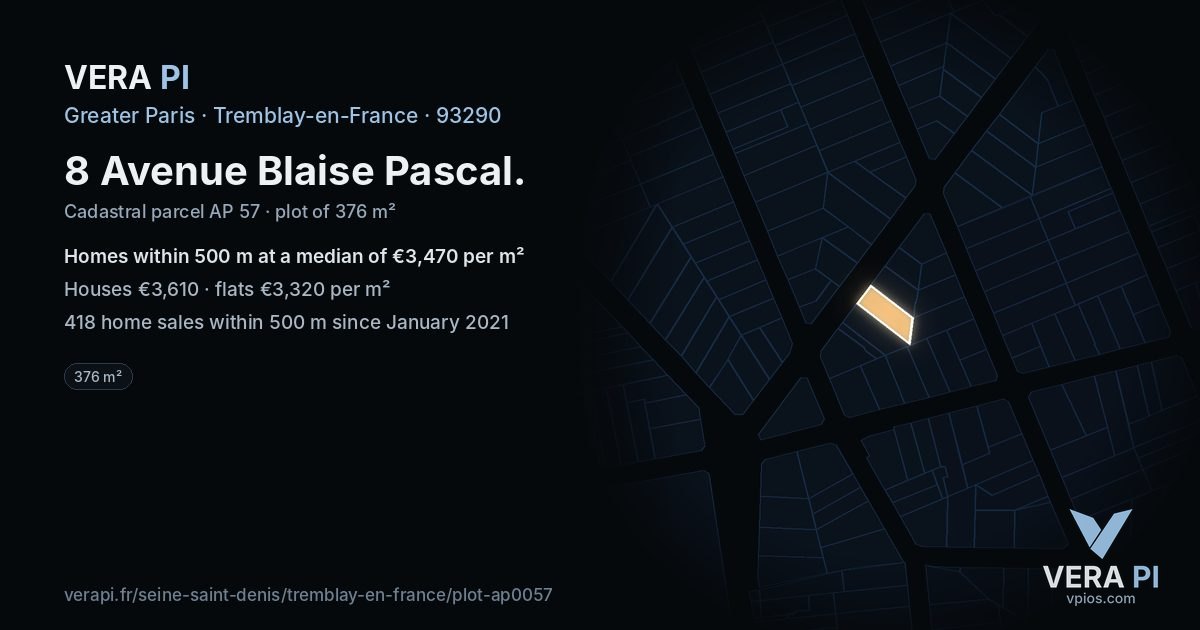 8 Avenue Blaise Pascal, Tremblay-en-France at night – the plot lit, the parcels around coloured by the prices near them