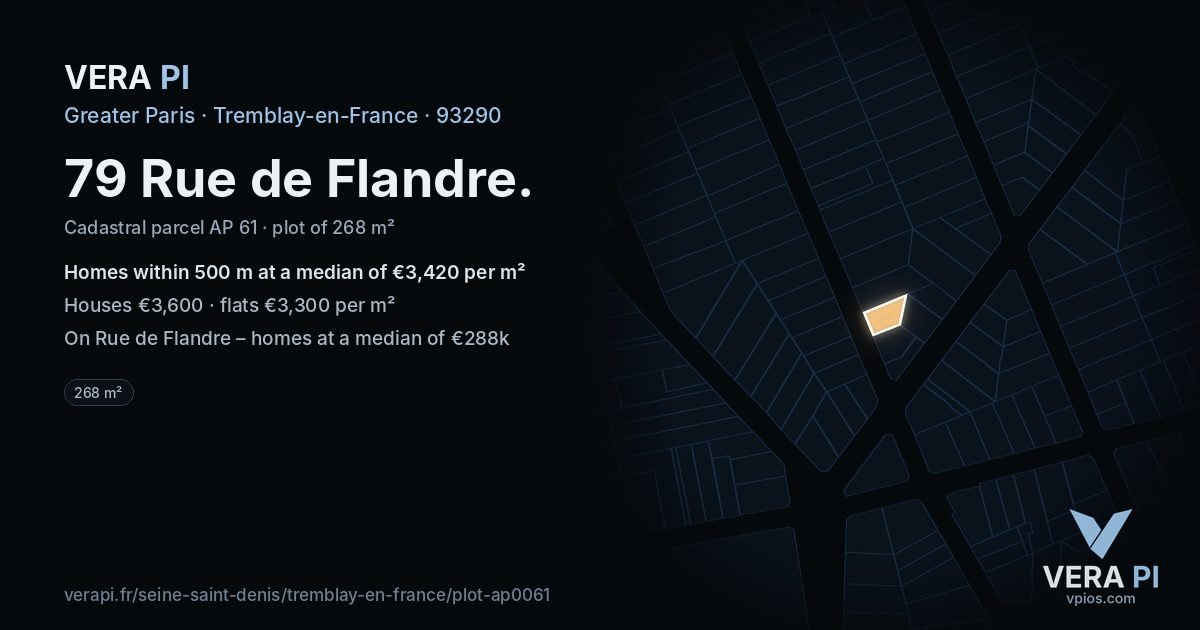 79 Rue de Flandre, Tremblay-en-France at night – the plot lit, the parcels around coloured by the prices near them
