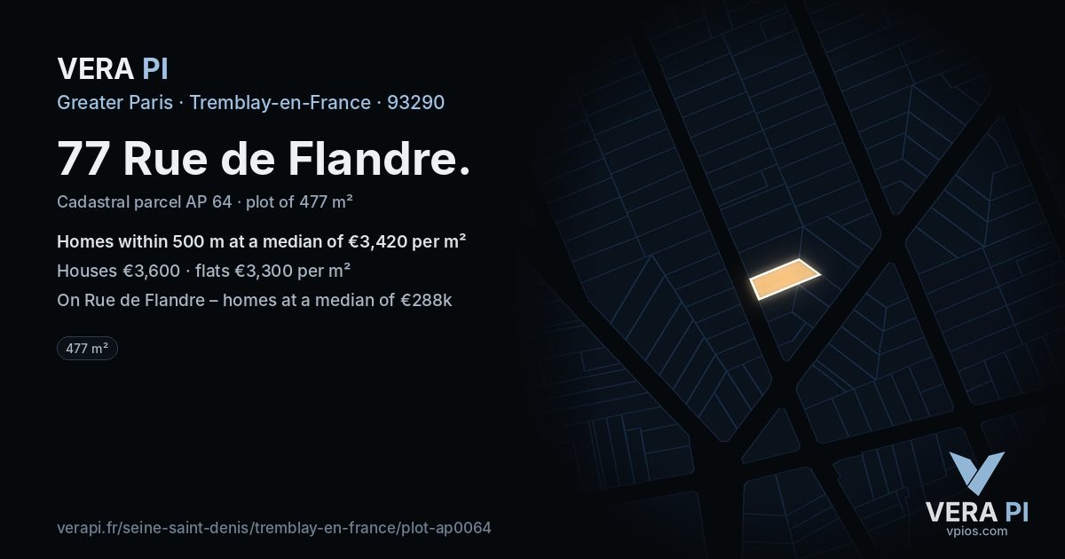 77 Rue de Flandre, Tremblay-en-France at night – the plot lit, the parcels around coloured by the prices near them