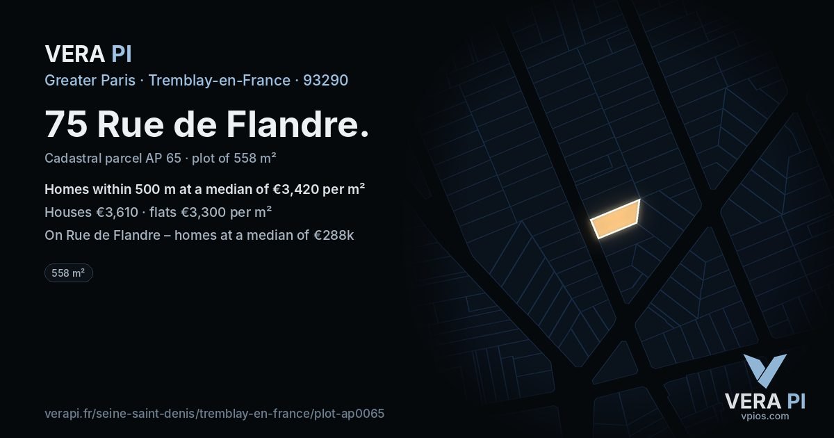 75 Rue de Flandre, Tremblay-en-France at night – the plot lit, the parcels around coloured by the prices near them