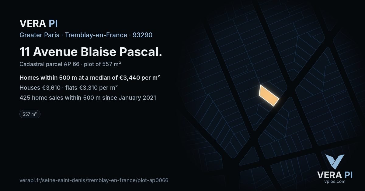11 Avenue Blaise Pascal, Tremblay-en-France at night – the plot lit, the parcels around coloured by the prices near them