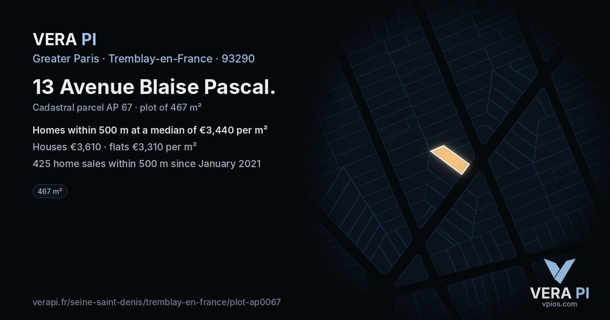 13 Avenue Blaise Pascal, Tremblay-en-France at night – the plot lit, the parcels around coloured by the prices near them