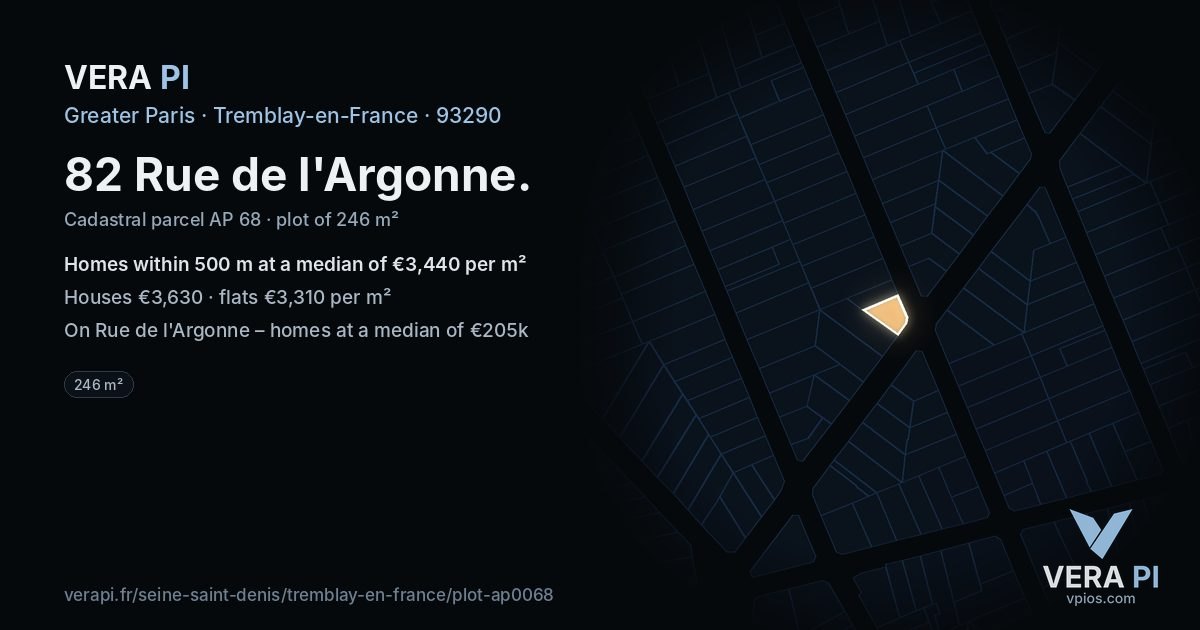 82 Rue de l'Argonne, Tremblay-en-France at night – the plot lit, the parcels around coloured by the prices near them