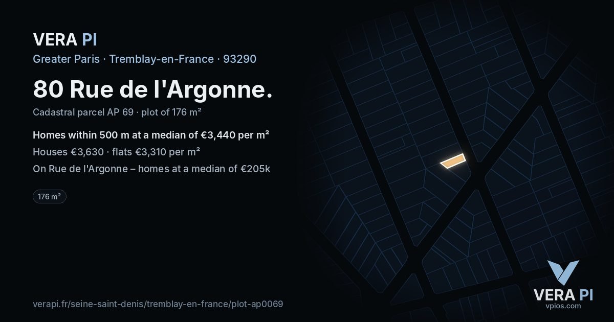 80 Rue de l'Argonne, Tremblay-en-France at night – the plot lit, the parcels around coloured by the prices near them
