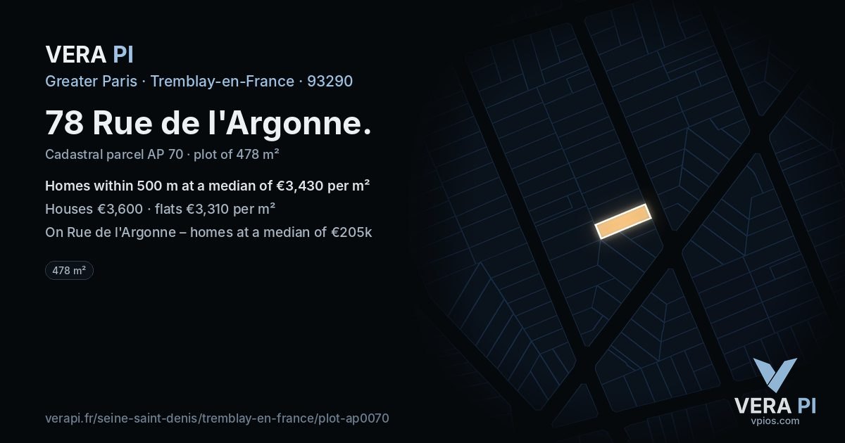78 Rue de l'Argonne, Tremblay-en-France at night – the plot lit, the parcels around coloured by the prices near them