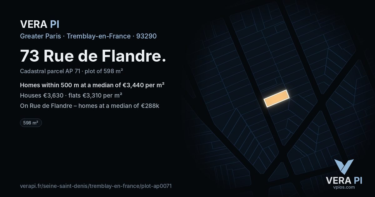 73 Rue de Flandre, Tremblay-en-France at night – the plot lit, the parcels around coloured by the prices near them