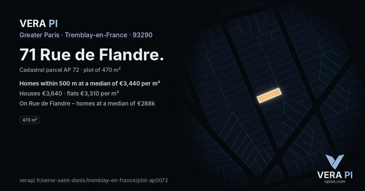 71 Rue de Flandre, Tremblay-en-France at night – the plot lit, the parcels around coloured by the prices near them