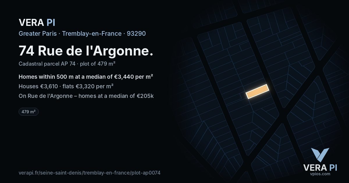 74 Rue de l'Argonne, Tremblay-en-France at night – the plot lit, the parcels around coloured by the prices near them