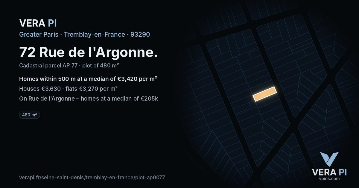 72 Rue de l'Argonne, Tremblay-en-France at night – the plot lit, the parcels around coloured by the prices near them