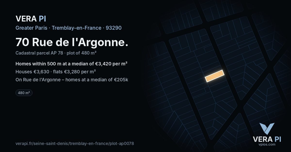 70 Rue de l'Argonne, Tremblay-en-France at night – the plot lit, the parcels around coloured by the prices near them