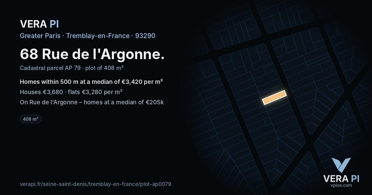 68 Rue de l'Argonne, Tremblay-en-France at night – the plot lit, the parcels around coloured by the prices near them