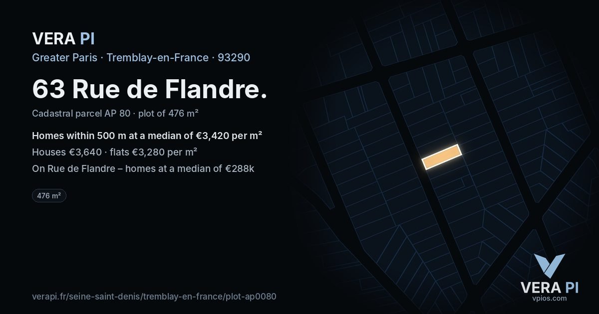 63 Rue de Flandre, Tremblay-en-France at night – the plot lit, the parcels around coloured by the prices near them