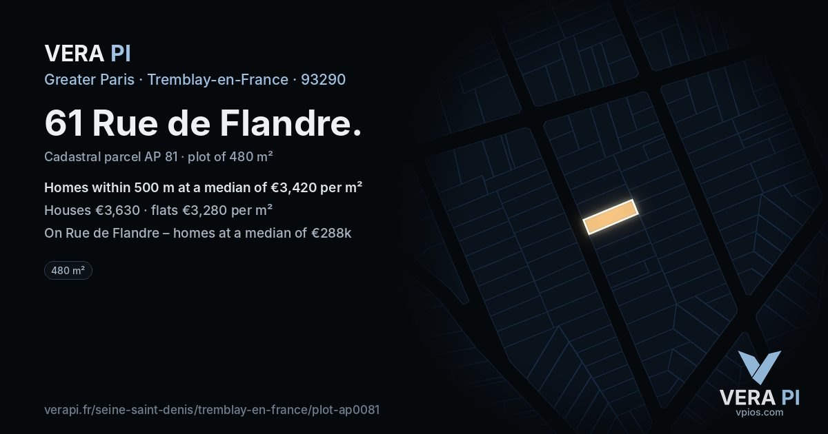 61 Rue de Flandre, Tremblay-en-France at night – the plot lit, the parcels around coloured by the prices near them