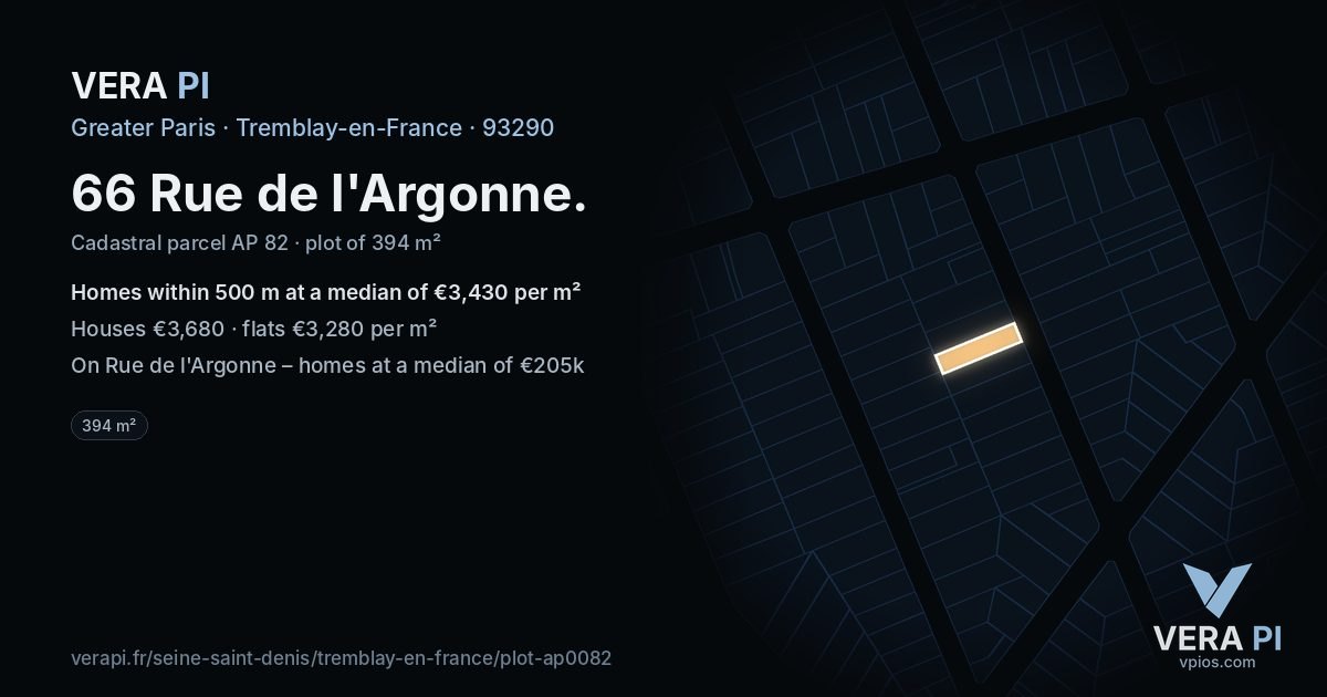 66 Rue de l'Argonne, Tremblay-en-France at night – the plot lit, the parcels around coloured by the prices near them