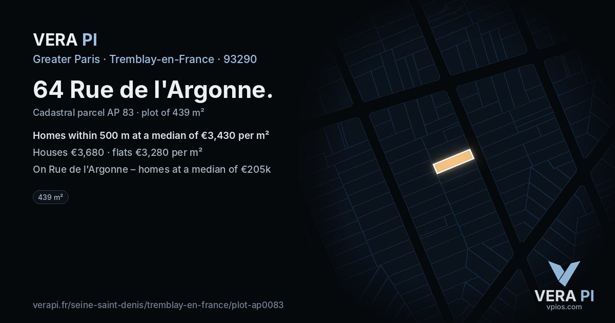 64 Rue de l'Argonne, Tremblay-en-France at night – the plot lit, the parcels around coloured by the prices near them