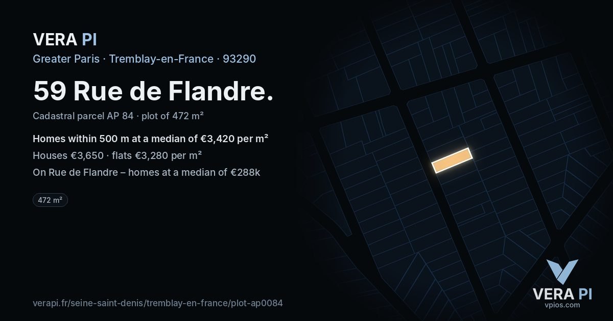 59 Rue de Flandre, Tremblay-en-France at night – the plot lit, the parcels around coloured by the prices near them
